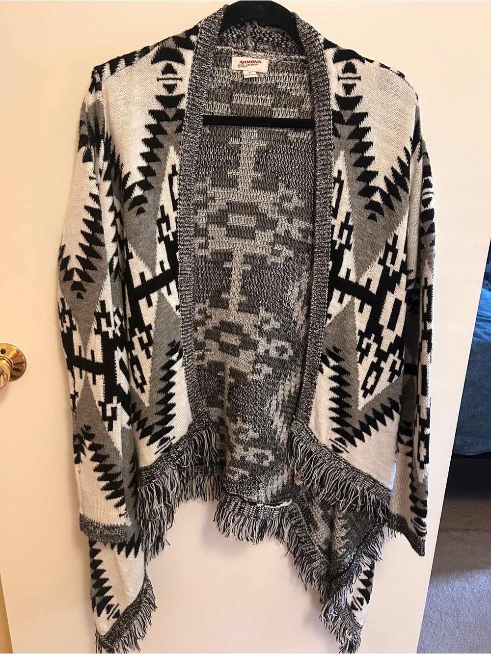 Arizona Jean Company Black & Gray Tribal Fringe Open Cardigan